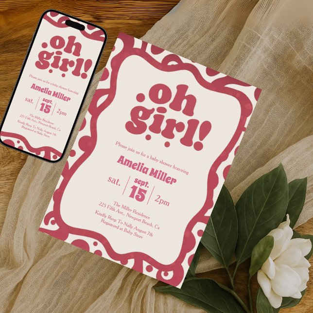 Invitation Groovy Oh Girl | Retro Pink 70s baby shower (Créateur téléchargé)