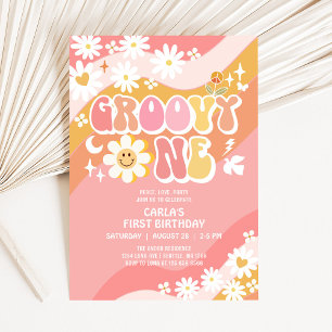 Invitation Groovy ONE 1er anniversaire Daisy Hippie 70's Rétr