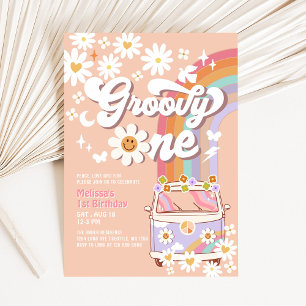 Invitation Groovy ONE 1er Anniversaire Hippie 70's Rétro