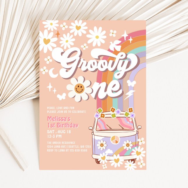 Invitation Groovy ONE 1er Anniversaire Hippie 70's Rétro (Créateur téléchargé)