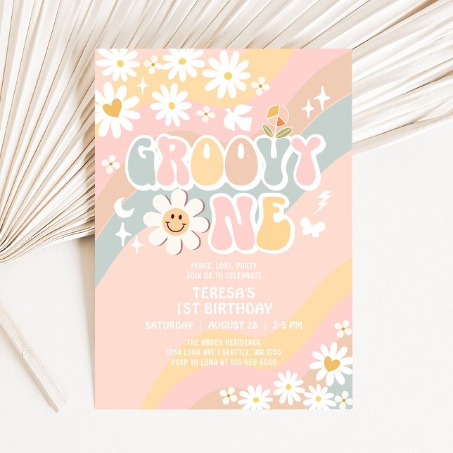Invitation Groovy ONE 1er Anniversaire Pastel Groovy (Créateur téléchargé)