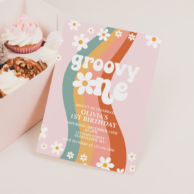 Invitation Groovy One anniversaire daisy arc-en-ciel 3 ans (Créateur téléchargé)