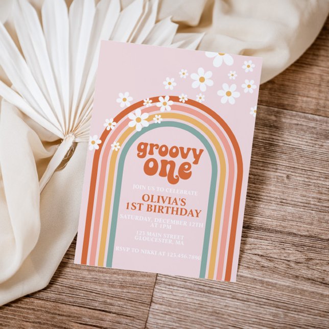 Invitation Groovy One bohème daisy arc-en-ciel premier annive (Créateur téléchargé)