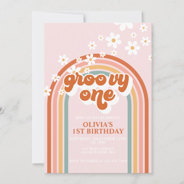 Invitation Groovy One bohème daisy arc-en-ciel premier annive (Devant)