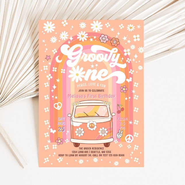 Invitation Groovy ONE Daisy Peach Rainbow 1er Anniversaire (Créateur téléchargé)