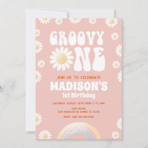 Invitation Groovy One Daisy Rainbow Années 70 Rétro 1er Anniv