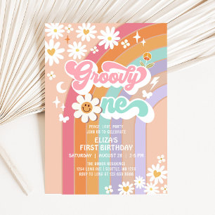 Invitation Groovy ONE Daisy Rainbow Hippie Rétro Anniversaire