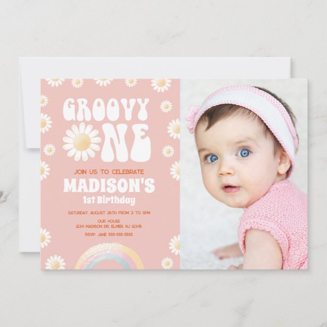 Invitation Groovy One Daisy Rainbow Retro Photo Anniversaire  (Devant)