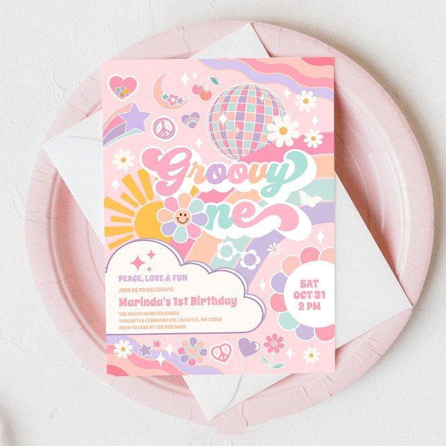 Invitation Groovy One Disco Arc-en-Ciel Soleil 1er Anniversai (Créateur téléchargé)