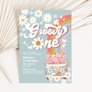 Invitation Groovy ONE Dusty Blue Daisy Hippie 1er Anniversair