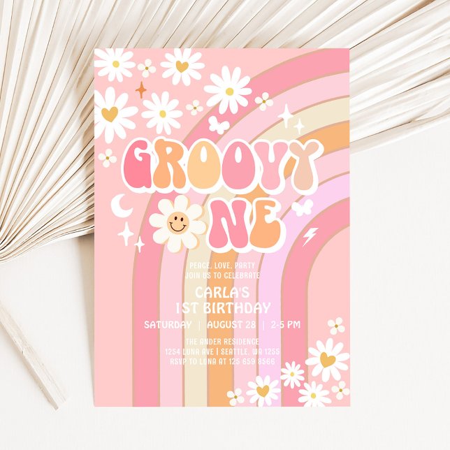 Invitation Groovy ONE Hippie Anniversaire Rétro 70's 1 an (Créateur téléchargé)