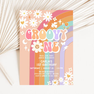 Invitation Groovy One Hippie Anniversaire Rétro 70's 1ère ann