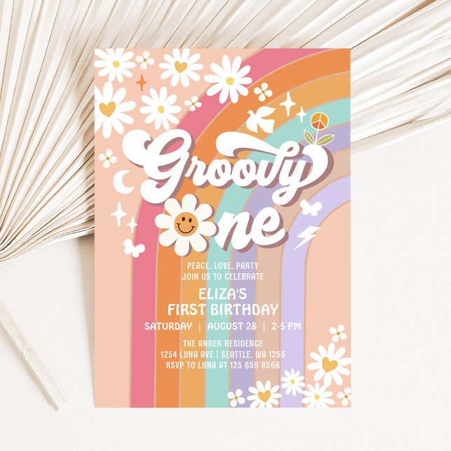 Invitation Groovy ONE Hippie Anniversaire Rétro Arc-en-ciel 7 (Créateur téléchargé)