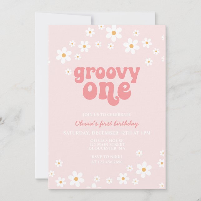 Invitation Groovy One marguerite boho florale premier anniver (Devant)