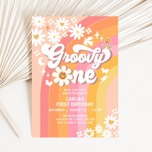 Invitation Groovy ONE Marguerite Hippie 70's Rétro 1er Annive