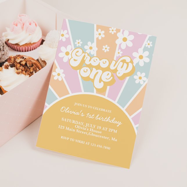 Invitation Groovy One Pastel Rétro Sunshine daisy boho floral (Créateur téléchargé)