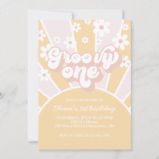Invitation Groovy One Pastel Rétro Sunshine marguerite Rose (Devant)