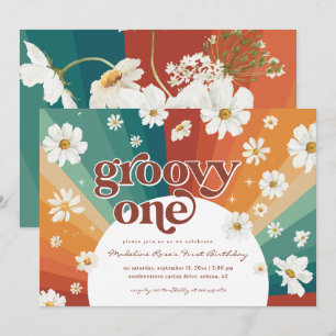 Invitation Groovy One Premier Anniversaire Rétro Daisy Arc-
