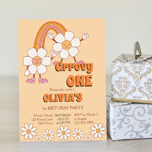 Invitation Groovy one Retro 70ies  boho daisy birthday