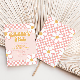 Invitation Groovy One Rétro à carreaux Rose Fleur 