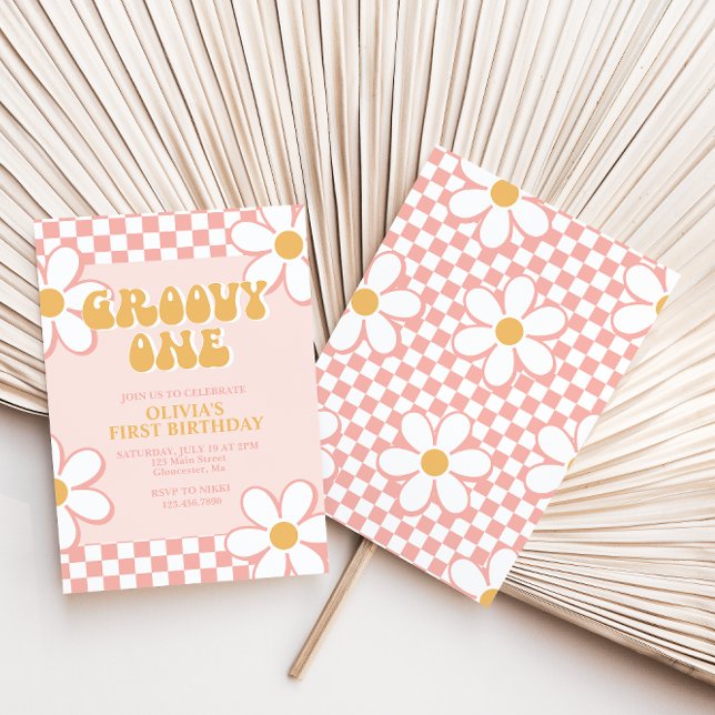 Invitation Groovy One Rétro à carreaux Rose Fleur  (Créateur téléchargé)
