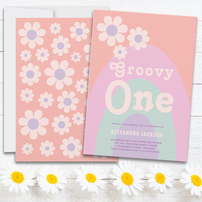 Invitation Groovy One Rétro Daisy Arc-en-Ciel Fête d'annivers (Groovy one daisy arch pastel 1st birthday party invitation )