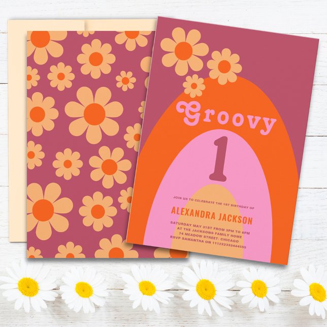 Invitation Groovy One Retro Daisy Arche Fête d'anniversaire 1 (Groovy 1 retro daisy arch orange and pink 1st birthday party invitation )