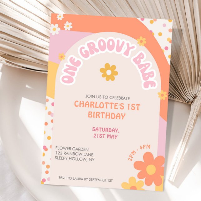 Invitation Groovy One Rétro Daisy Fille Arc-en-ciel Premier A (Créateur téléchargé)