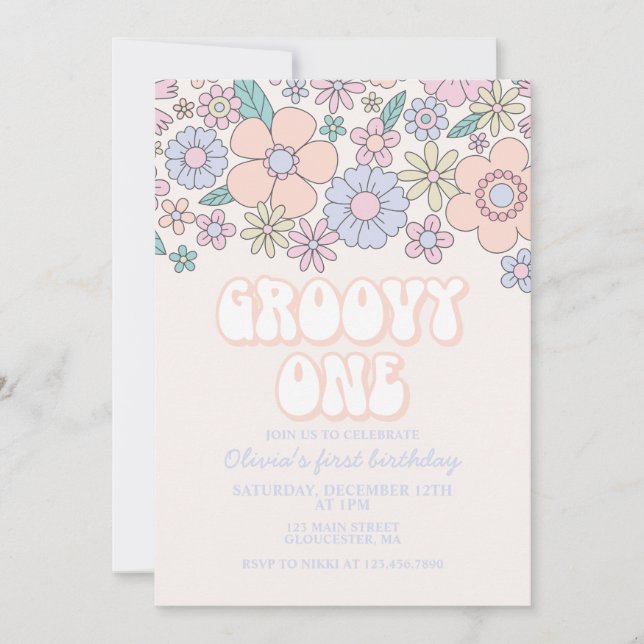 Invitation Groovy One Rétro Floral 1er anniversair (Devant)