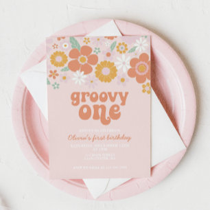 Invitation Groovy One Retro Floral premier anniversaire