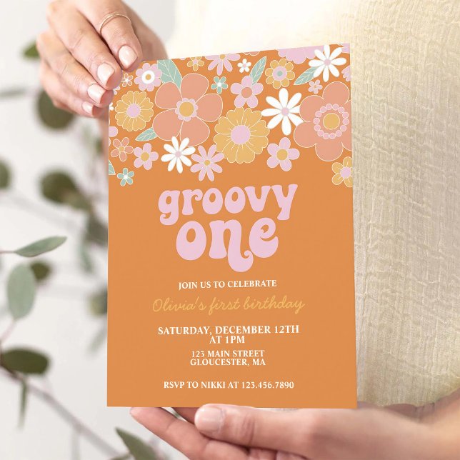 Invitation Groovy One Retro Floral Premier Anniversaire (Créateur téléchargé)