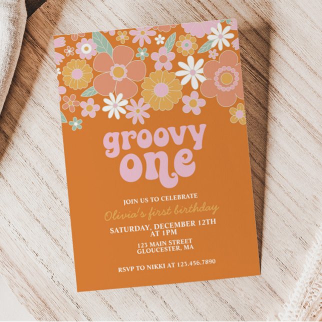 Invitation Groovy One Retro Floral premier anniversaire (Créateur téléchargé)