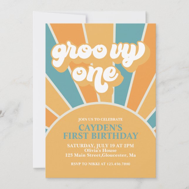 Invitation Groovy One Rétro Garçon Premier Anniversaire (Devant)