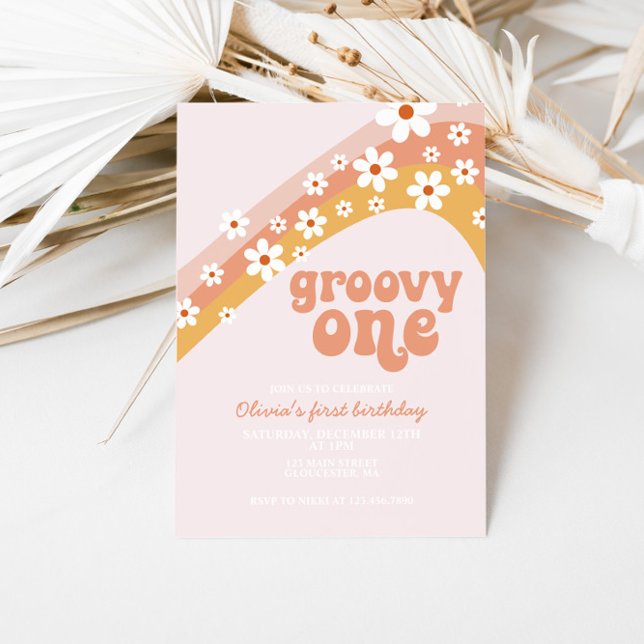 Invitation Groovy One Retro marguerite boho floral premier an (Créateur téléchargé)
