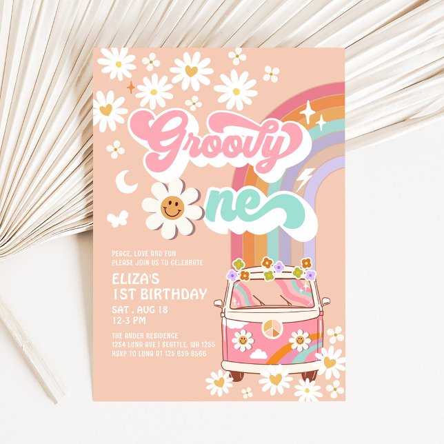 Invitation Groovy ONE Rose Daisy Van Arc-en-ciel 1er Annivers (Créateur téléchargé)