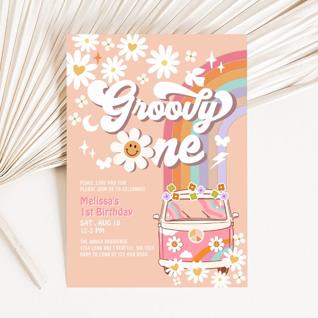 Invitation Groovy ONE Rose Fleur de Daisy Arc-en-ciel Hippie  (Créateur téléchargé)