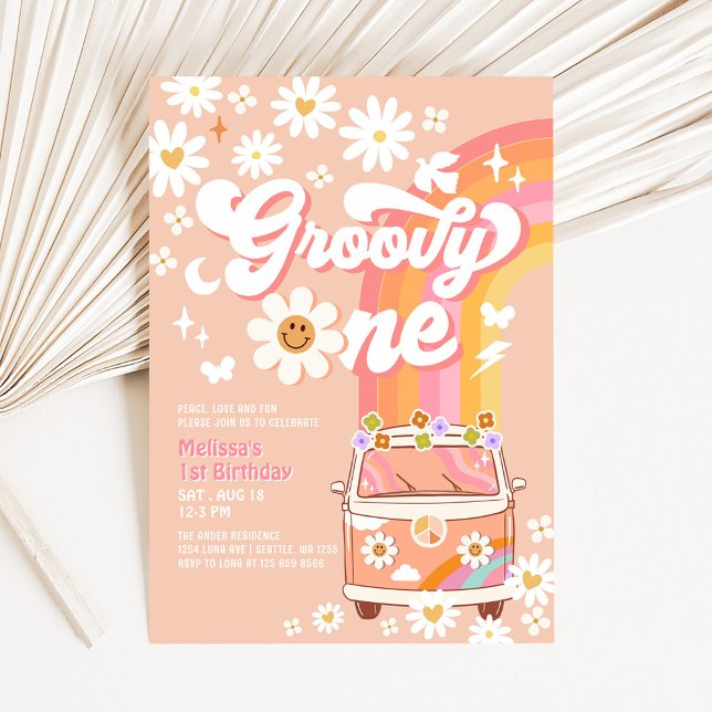 Invitation Groovy One Van Peach Daisy Rainbow 1er Anniversair (Créateur téléchargé)