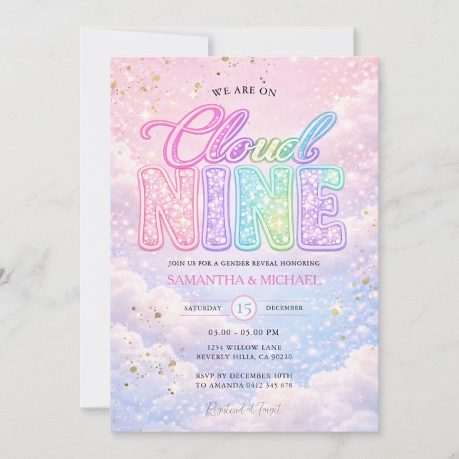 Invitation Groovy Rainbow Cloud Nine Glitter Gender Reveal  (Devant)