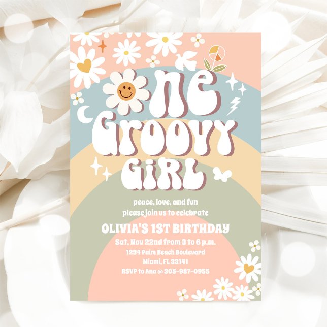 Invitation Groovy Rainbow Daisy 1er Anniversaire (Créateur téléchargé)