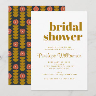 Invitation Groovy Rétro Années 70 Mariage Botanique Bleu Or