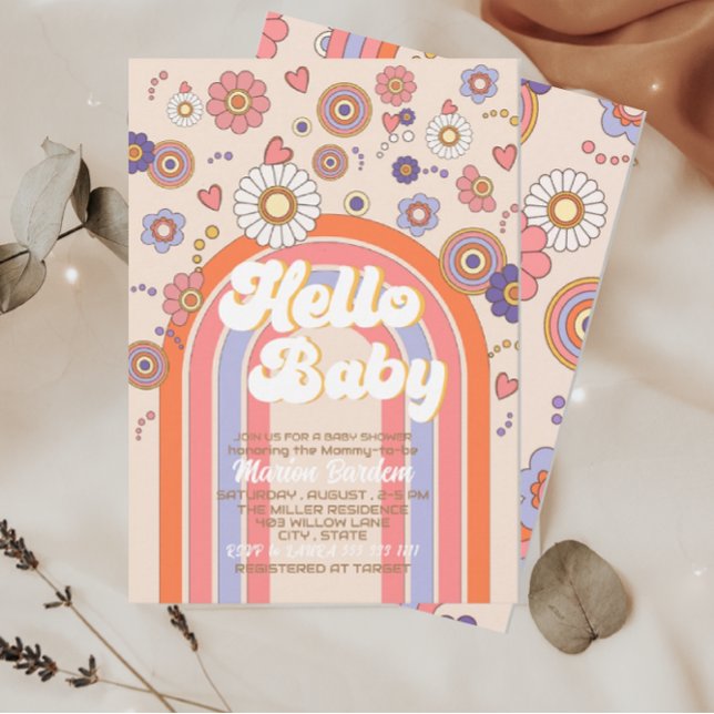 Invitation Groovy rétro aquarelle bonjour bébé shower (Créateur téléchargé)