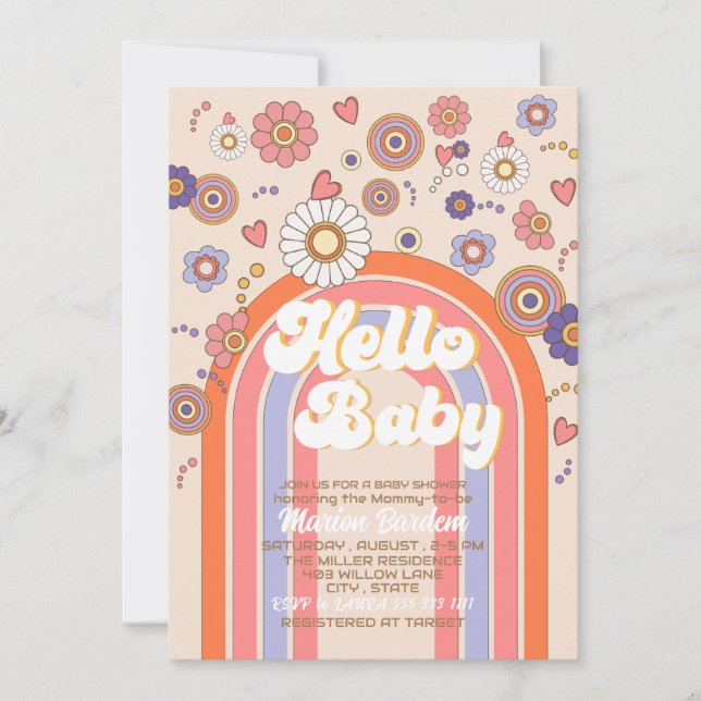Invitation Groovy rétro bonjour bébé shower à l'aquarelle (Devant)