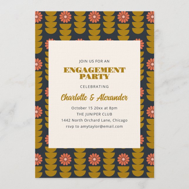 Invitation Groovy Retro Navy Blue Botanical Engagement Party  (Devant)