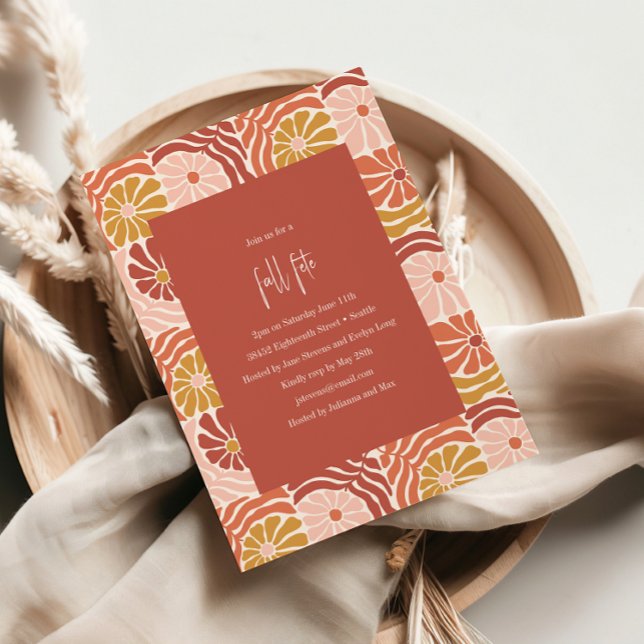 Invitation Groovy Rétro Rose Rouille Floral Boho Fête d'Autom (Créateur téléchargé)