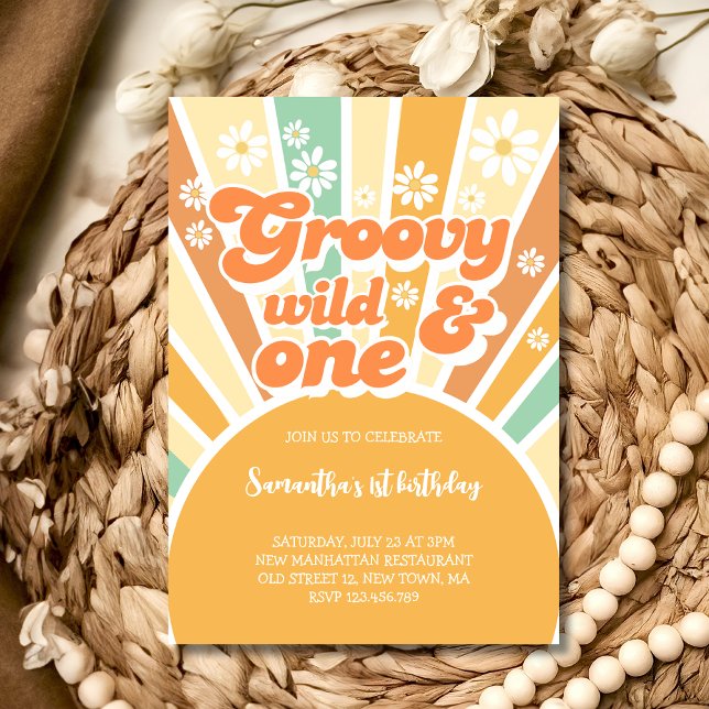 Invitation Groovy sauvage et un anniversaire de soleil rétro  (Créateur téléchargé)
