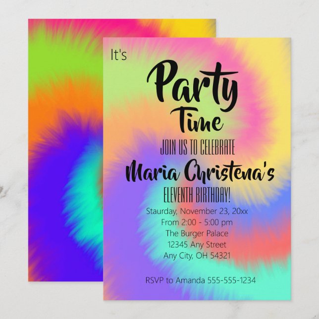 Invitation groovy tie-dye pour un anniversaire (Devant / Derrière)