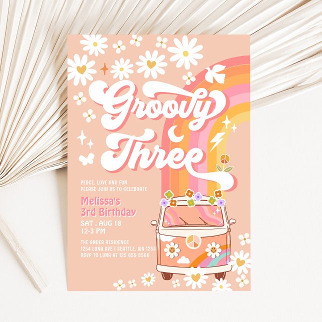 Invitation Groovy TROIS Anniversaire Fleur de Pêcher Rose Hip (Créateur téléchargé)