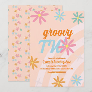 Invitation Groovy Two Floral Premier Anniversaire Fête Rétro