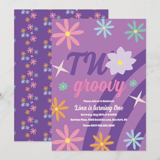 Invitation Groovy Two Floral Premier Anniversaire Rétro Viole (Devant / Derrière)
