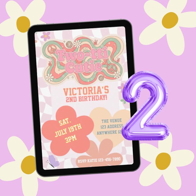 Invitation Groovy Two-tti Cutie, Rétro Pinks 2e Anniversaire (Créateur téléchargé)